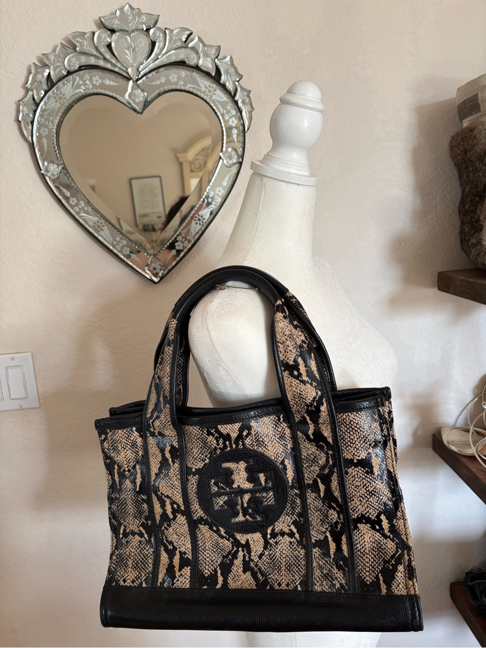 Tory Burch Neutral Snake-Print Canvas Tote with Black Trim